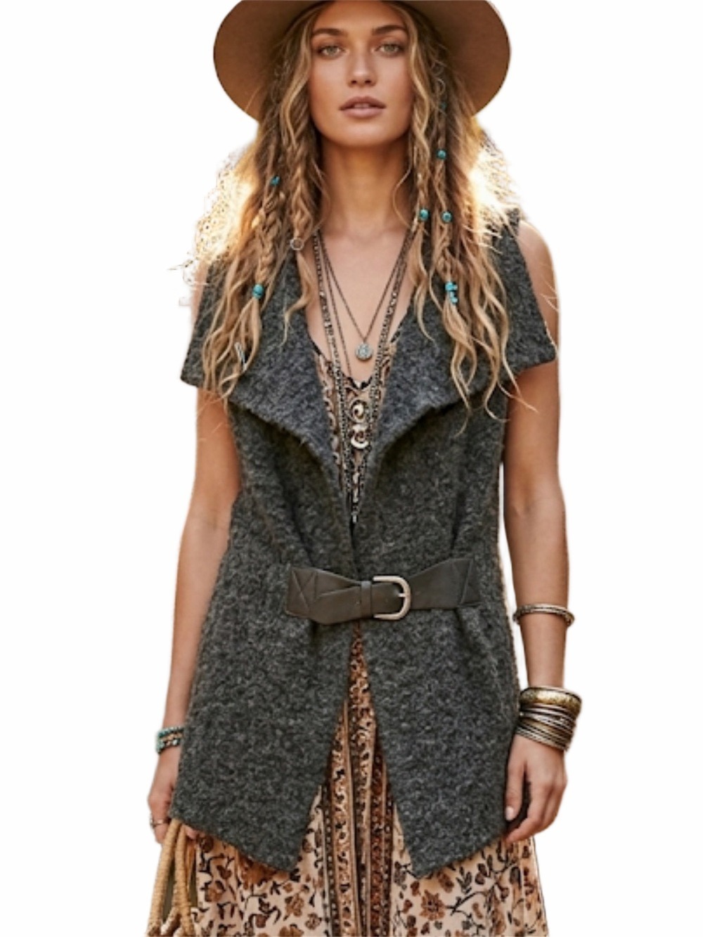 Soft Surroundings Gray Knit Vest Shawl Collar Open Front Belted Large